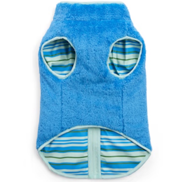 YOULY Teal Blue Reversible Stripe Pet Jacket Rain Coat Minky Fleece Small NEW - Picture 8 of 9